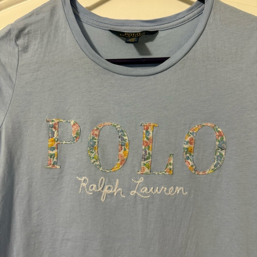 Polo Ralph Lauren Floral Logo Tshirt Girls Size XL 16 Light Blue - Picture 2 of 5